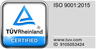 ISO 9001:2015 certified by TÜV Rheinland, ID 9105053424