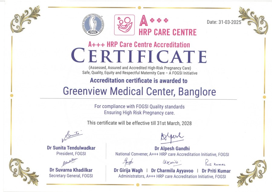 FOGSI A+++ HRP Care Centre accreditation awarded to Greenview Medical Center